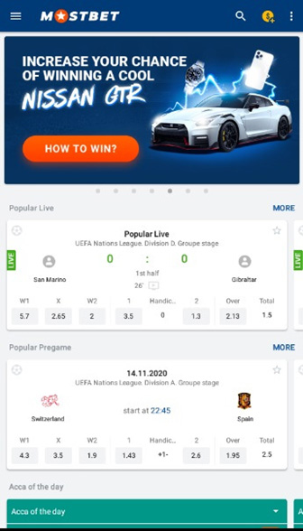 MostBet Android app main page