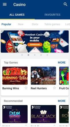 The casino section of the MostBet app for iOS